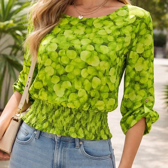 Michael Kors Petite M Green Floral Smocked Blouse Roll Tab Long Sleeve - Picture 1 of 9